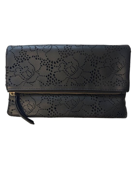 Handbags - Black Faux Leather Foldover Clutch Purse With Laser-Cut Detail & Gold Chain Stra